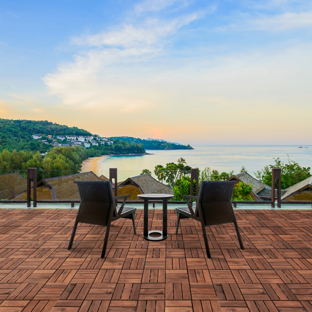 12-Slat Acacia Wood Deck Tiles | Dark Brown | Indoor & Outdoor | 12"x12" Interlocking