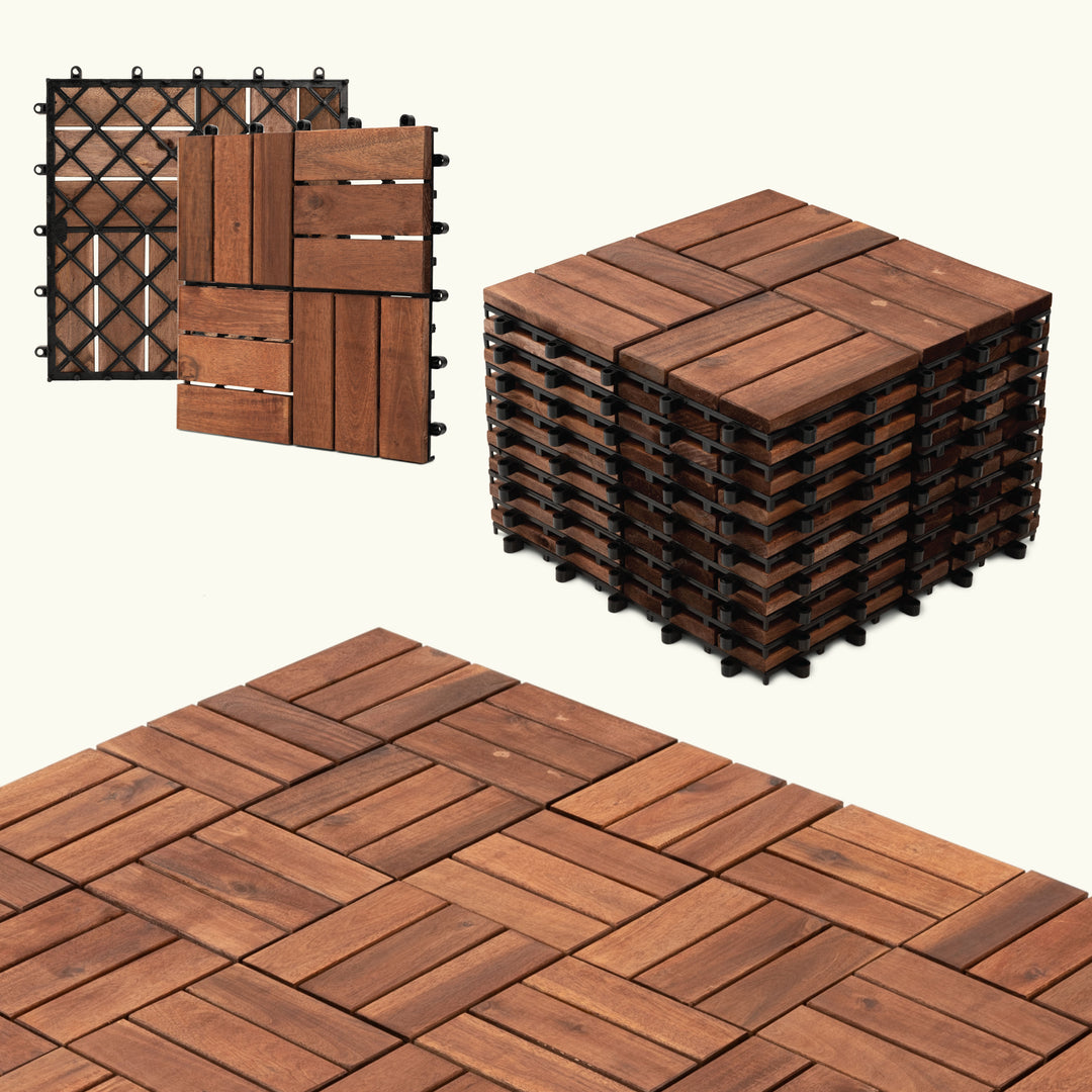 12-Slat Acacia Wood Deck Tiles | Dark Brown | Indoor & Outdoor | 12"x12" Interlocking