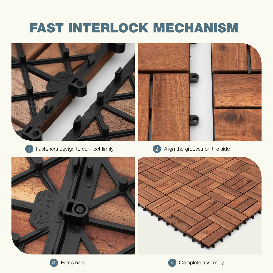 12-Slat Acacia Wood Deck Tiles | Dark Brown | Indoor & Outdoor | 12"x12" Interlocking