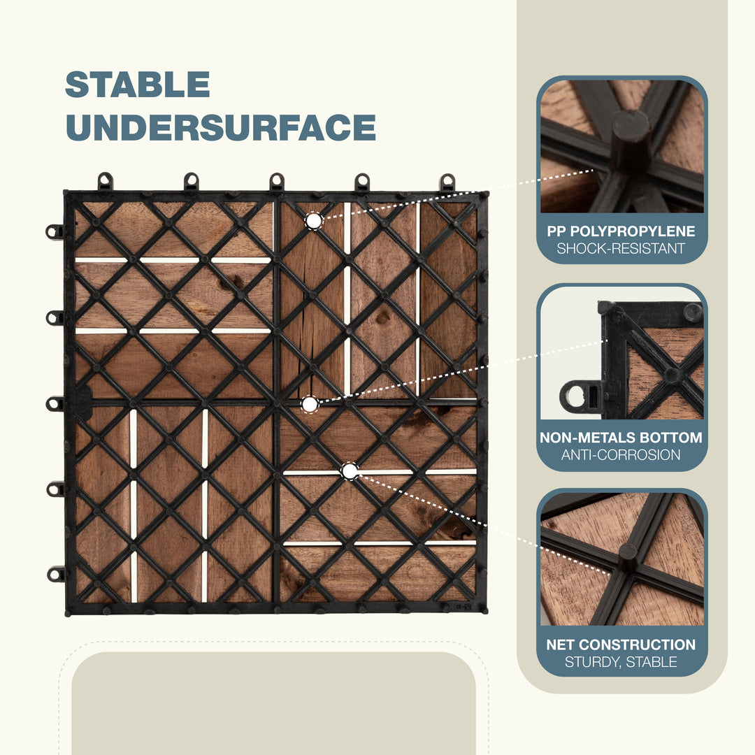 12-Slat Acacia Wood Deck Tiles | Dark Brown | Indoor & Outdoor | 12"x12" Interlocking