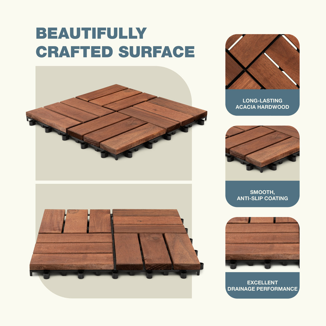 12-Slat Acacia Wood Deck Tiles | Dark Brown | Indoor & Outdoor | 12"x12" Interlocking