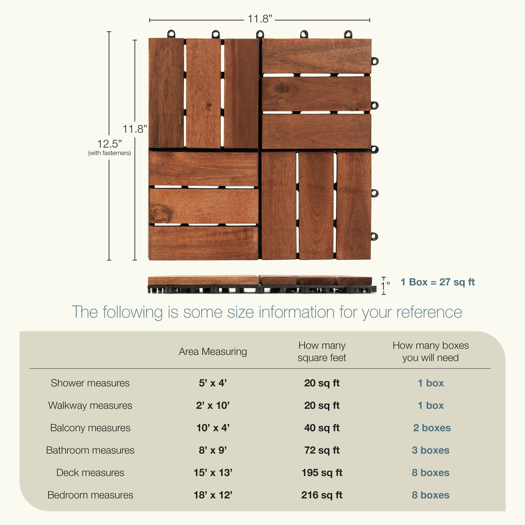 12-Slat Acacia Wood Deck Tiles | Dark Brown | Indoor & Outdoor | 12"x12" Interlocking