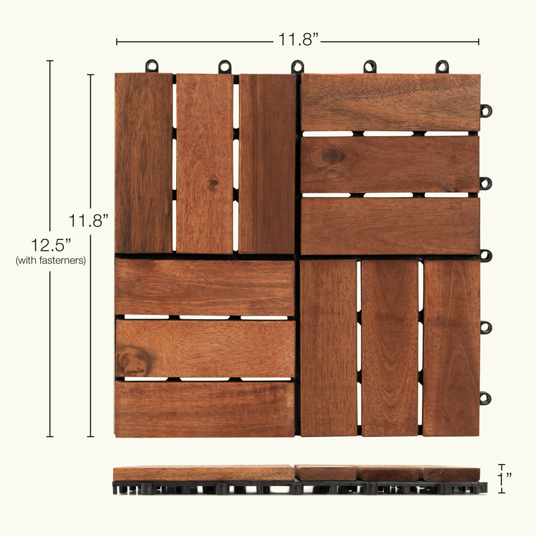 12-Slat Acacia Wood Deck Tiles | Dark Brown | Indoor & Outdoor | 12"x12" Interlocking