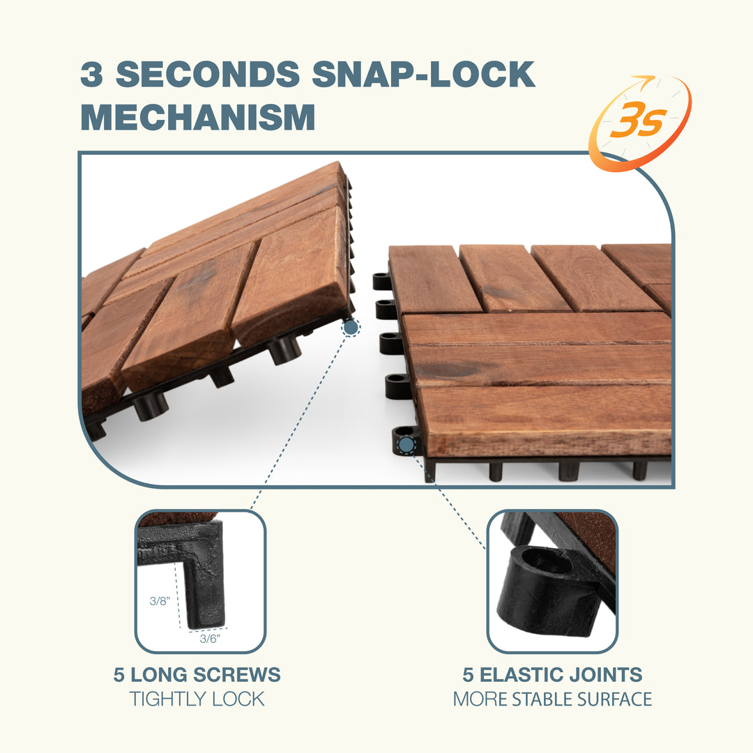 12-Slat Acacia Wood Deck Tiles | Dark Brown | Indoor & Outdoor | 12"x12" Interlocking