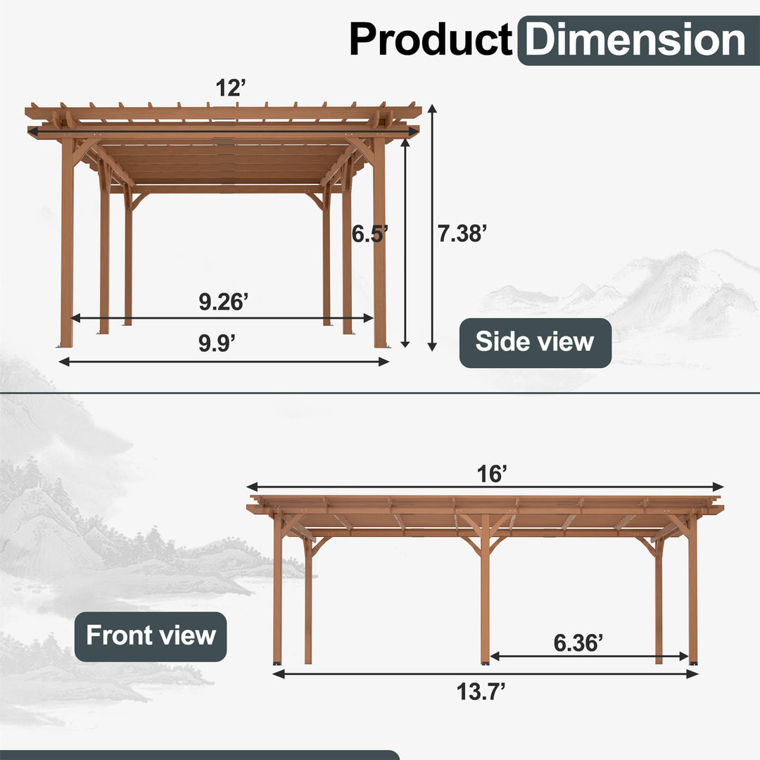 12x16FT Outdoor Wooden Waterproof Grape Gazebo in Brown