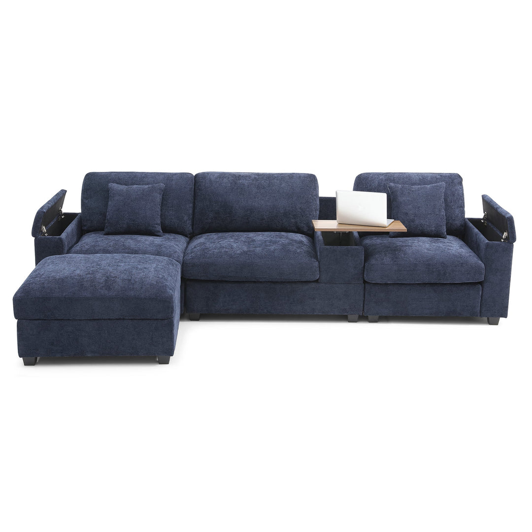120.3" Dark Blue L-Shaped Sectional Sofa with Table, USB, Ottoman