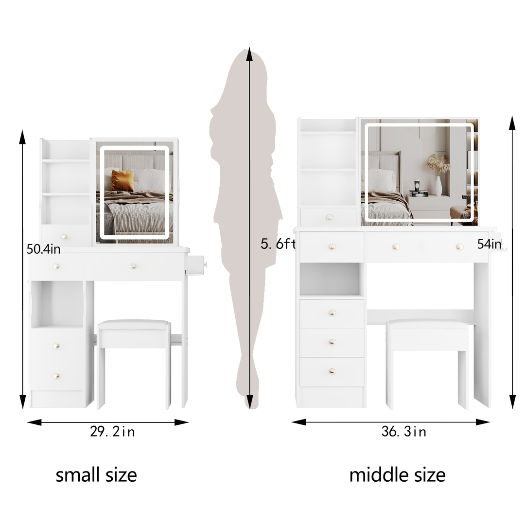 29.2" White Compact Vanity Table with LED Mirror, Charging Station, Stool