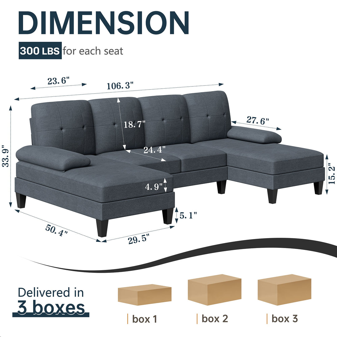 106" U-Shaped 4-Seat Modern Sectional Sofa with Double Chaises – Linen Upholstery
