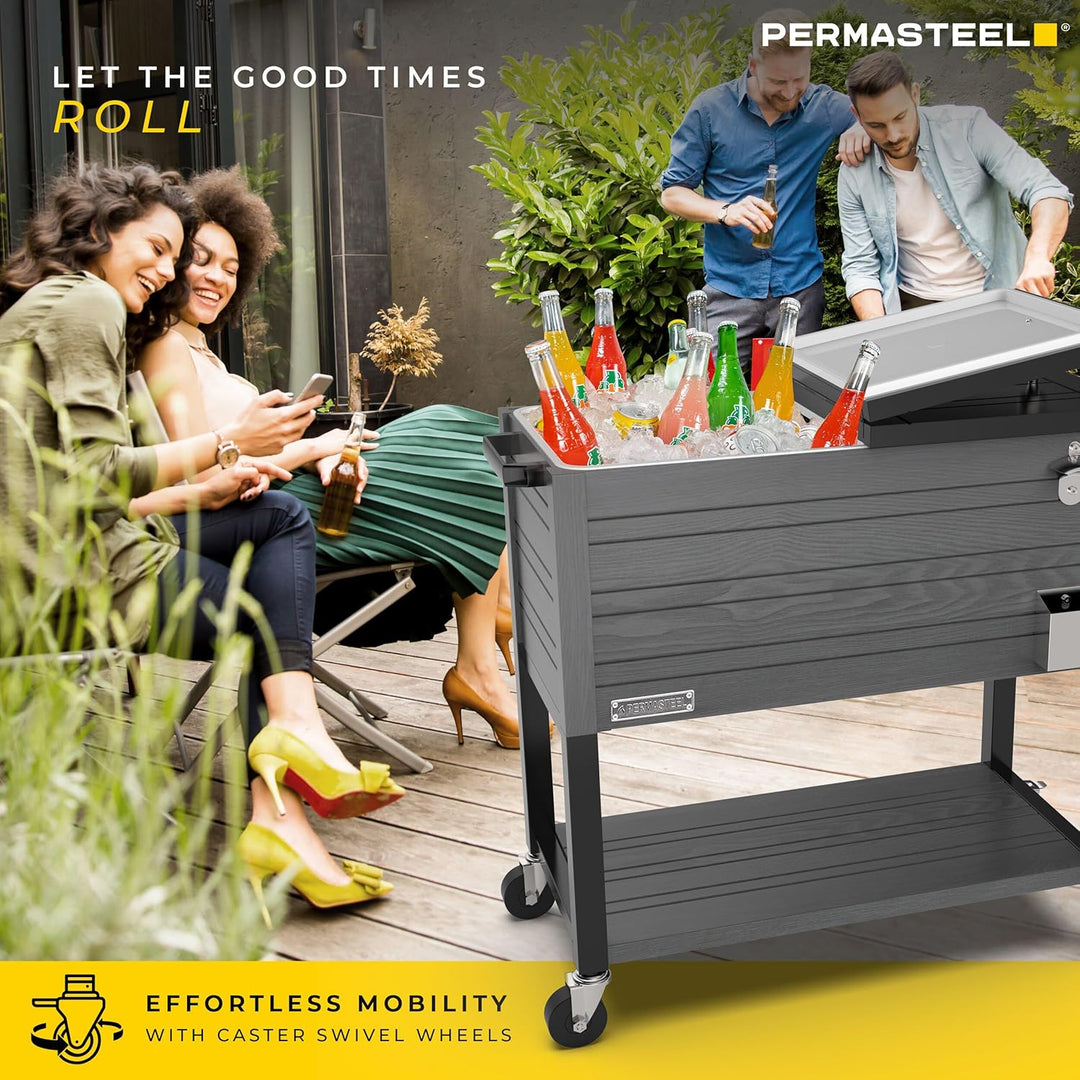 Permasteel 80-Quart Rolling Patio Cooler – Gray Wood Grain Outdoor Beverage Cart with Locking Wheels & Insulated Ice Chest