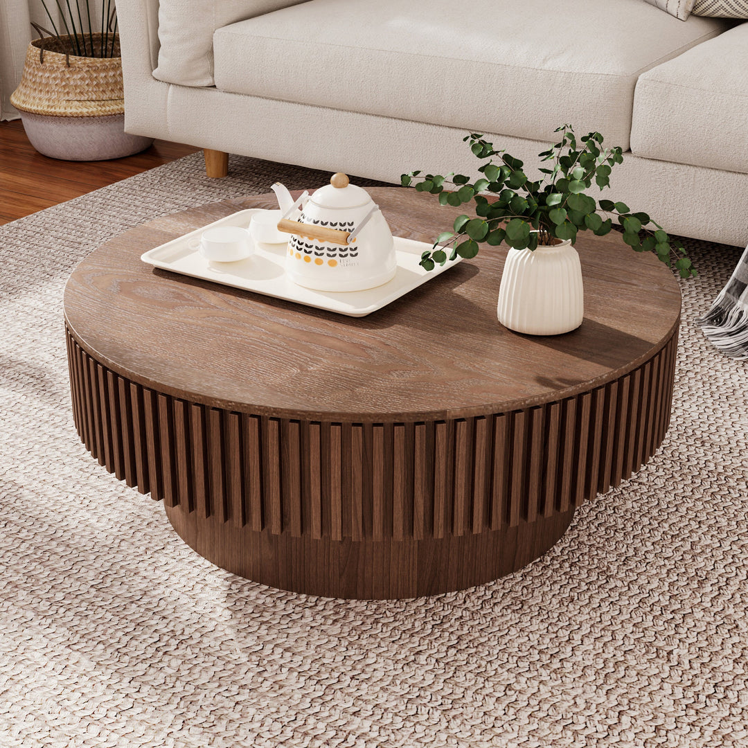 31.5" Round Walnut Coffee Table with Hidden Storage, Modern Mushroom Design
