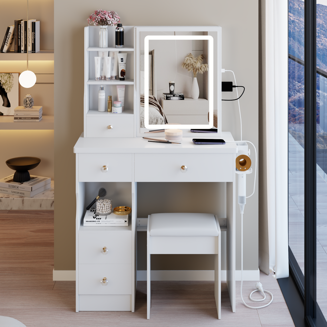 29.2" White Compact Vanity Table with LED Mirror, Charging Station, Stool