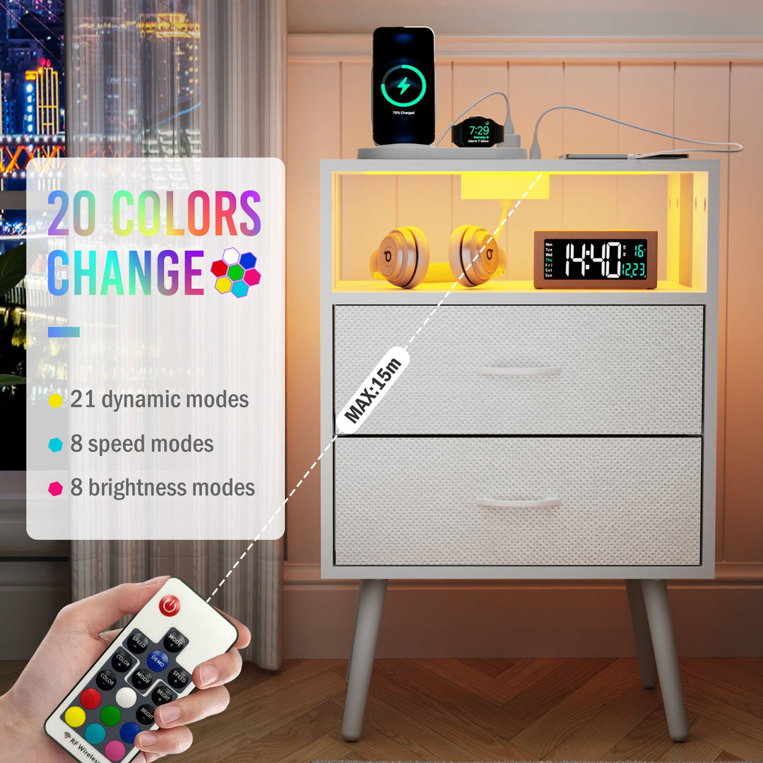 2-Pack White Modern Nightstands with Charging Station, LED Lights