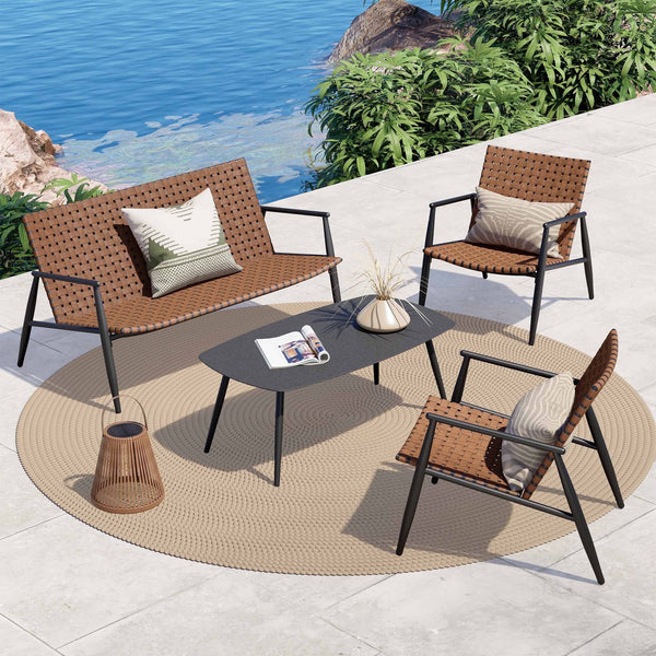 Aksel Set of 4 All-Weather Wicker Outdoor Lounge Chairs – Mid-Century Modern Patio Seating in Vintage Brown