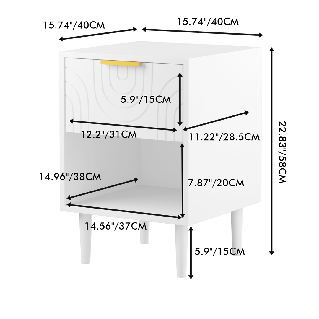 22.8" White Modern Nightstand with Drawer, Gold Accent