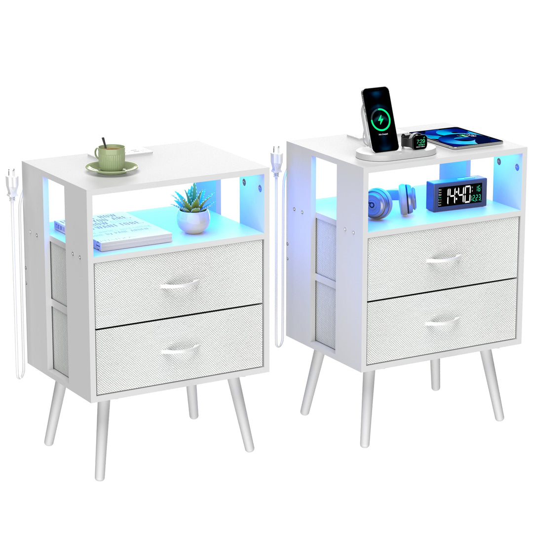 2-Pack White Modern Nightstands with Charging Station, LED Lights