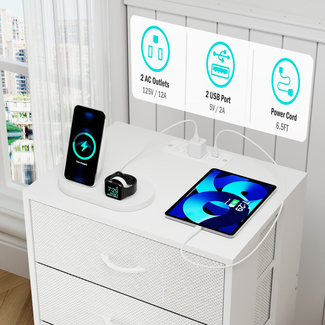 2-Pack Modern White Nightstands with Charging Station, LED Lights, Fabric Drawers