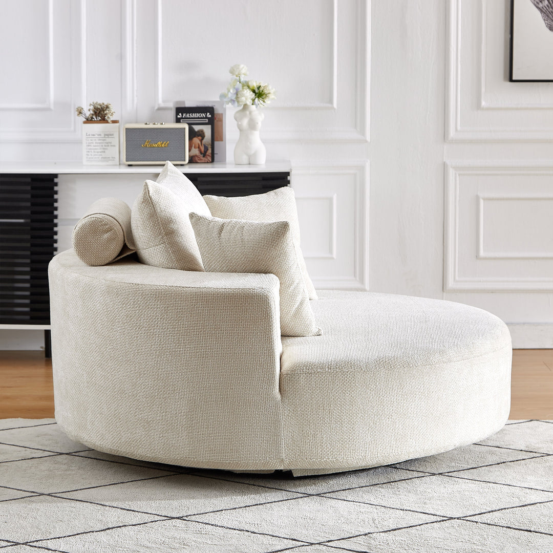 55" Beige Chenille Swivel Chair with Neck Pillow