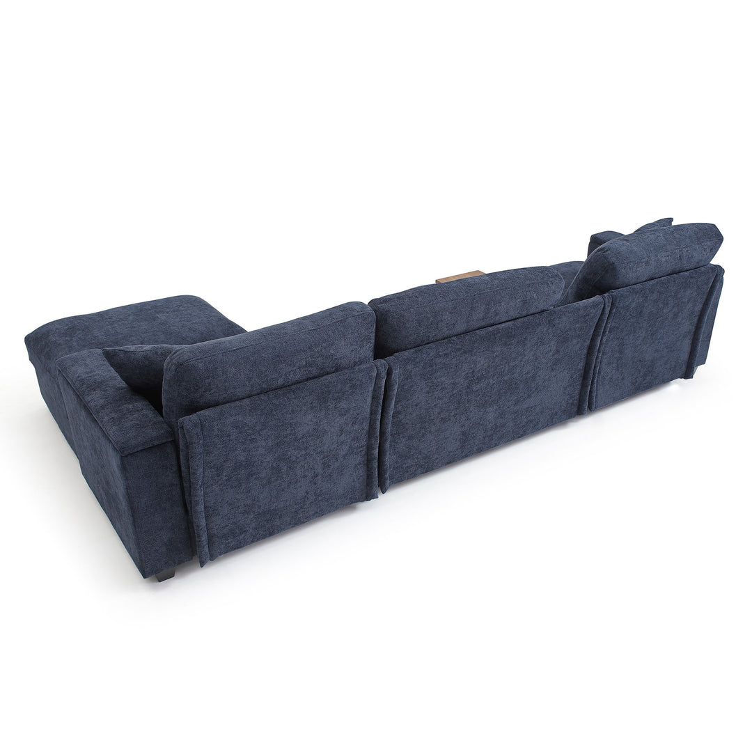 120.3" Dark Blue L-Shaped Sectional Sofa with Table, USB, Ottoman