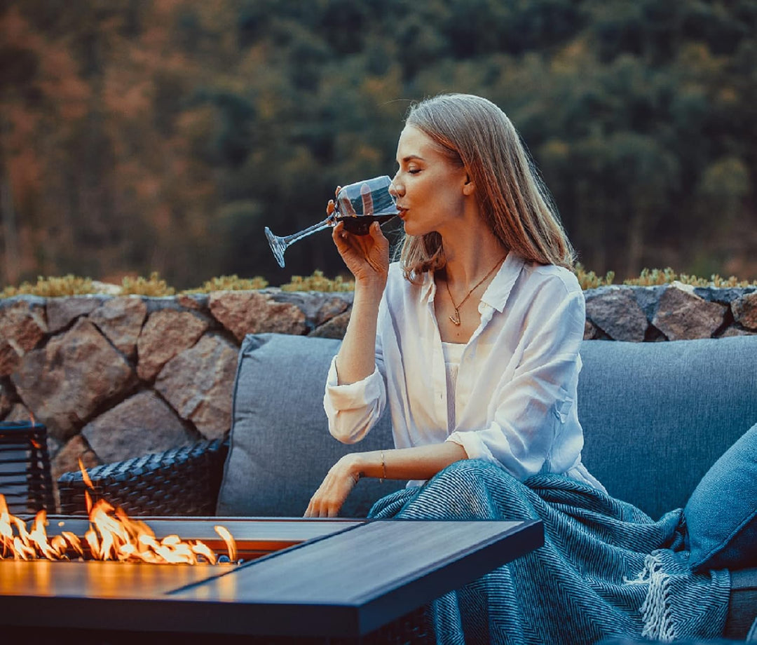 Grand Patio 5-Piece Outdoor Wicker Sofa Set with 43” Propane Fire Pit Table – UV-Resistant Gradient Brown Rattan with Olefin Cushions, Gray