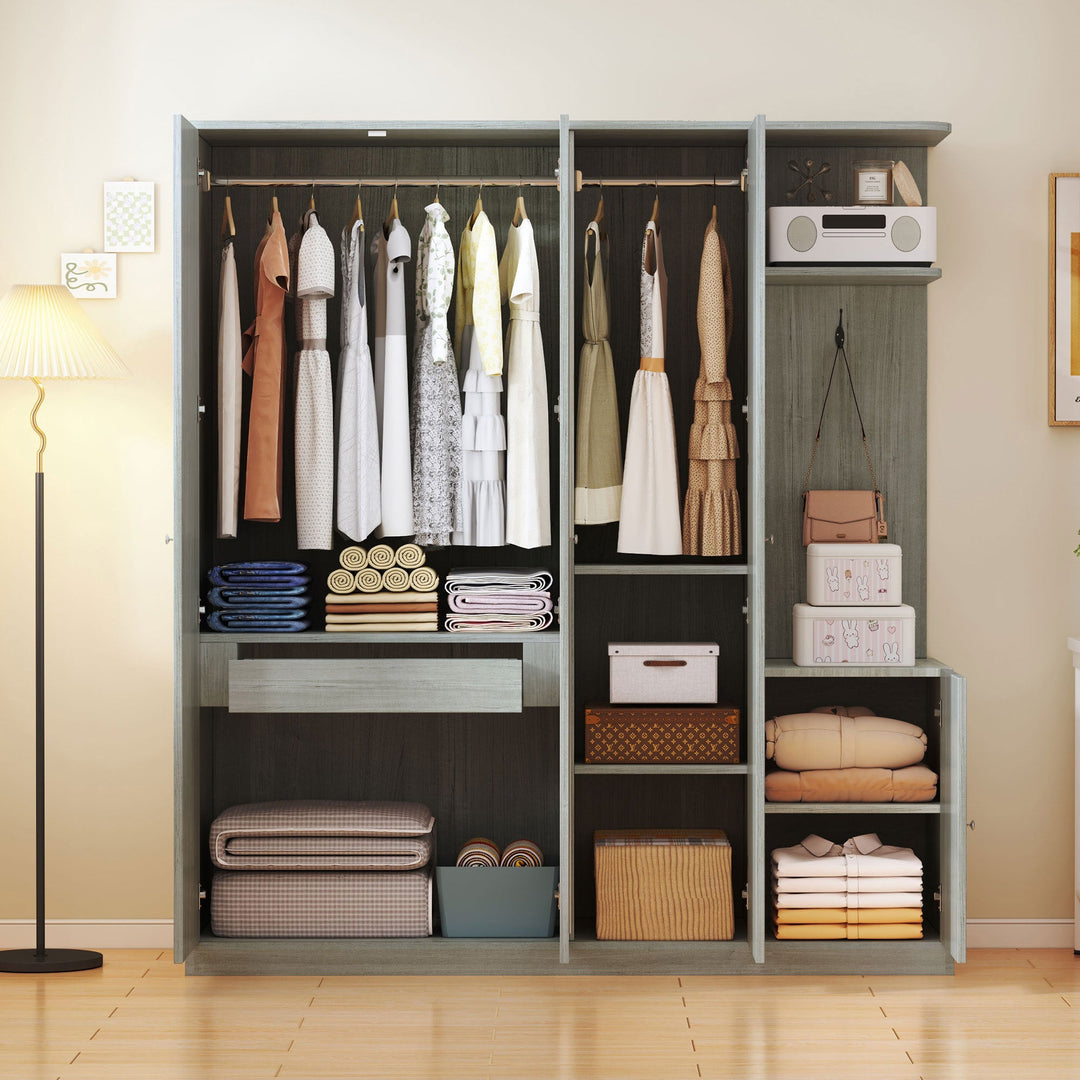 4-Door Gray Wardrobe with Mirror, Shelves, Drawer, and Shoe Storage