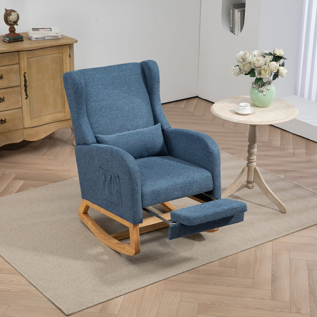 25.4" Blue Nursery Rocking Chair with Footrest, Side Pocket