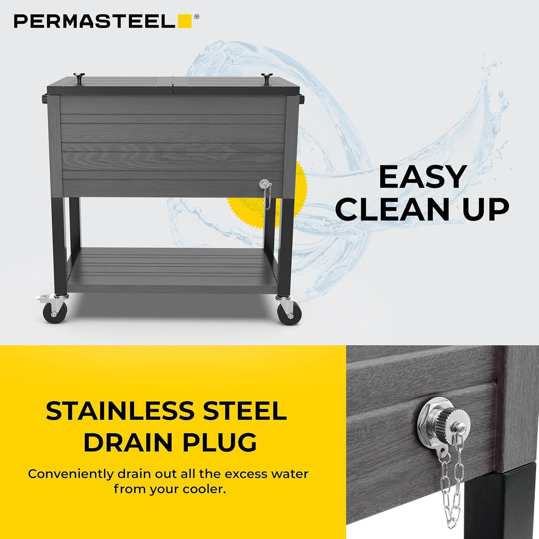 Permasteel 80-Quart Rolling Patio Cooler – Gray Wood Grain Outdoor Beverage Cart with Locking Wheels & Insulated Ice Chest
