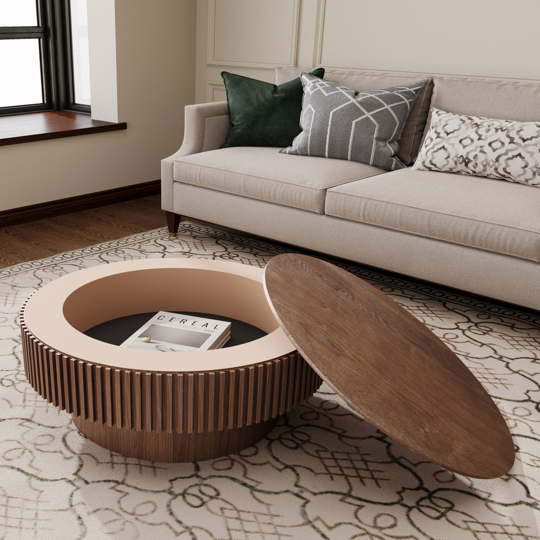 31.5" Round Walnut Coffee Table with Hidden Storage, Modern Mushroom Design