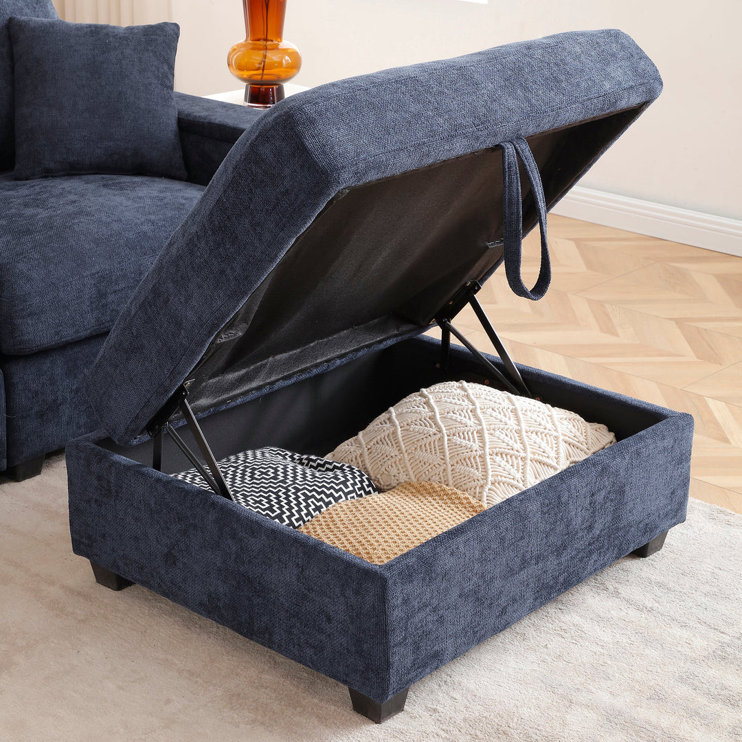 120.3" Dark Blue L-Shaped Sectional Sofa with Table, USB, Ottoman