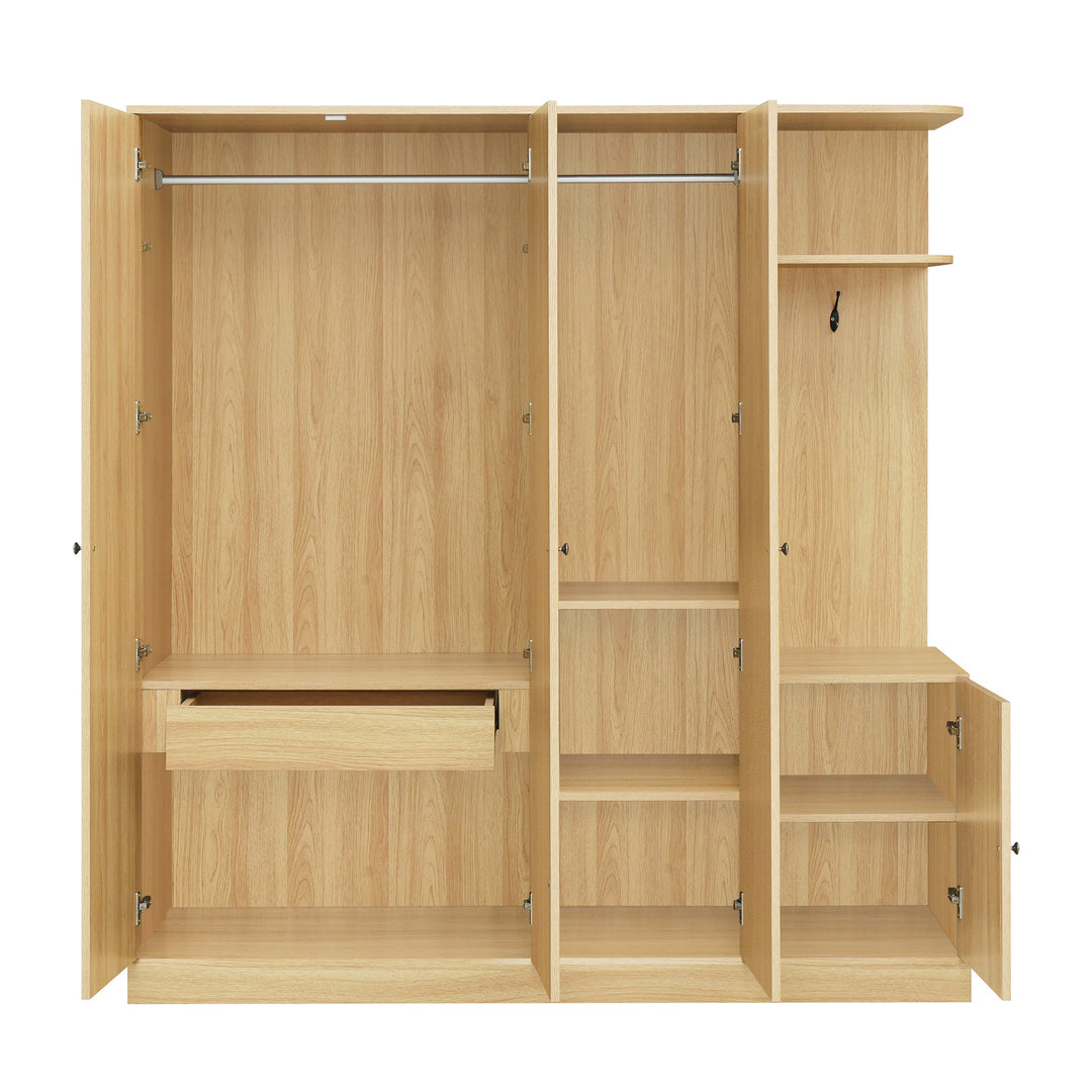 4-Door Natural Wood Wardrobe with Mirror, Shelves, Drawer