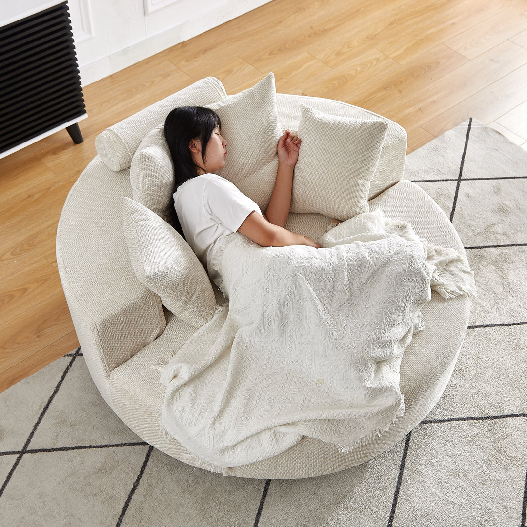 55" Beige Chenille Swivel Chair with Neck Pillow