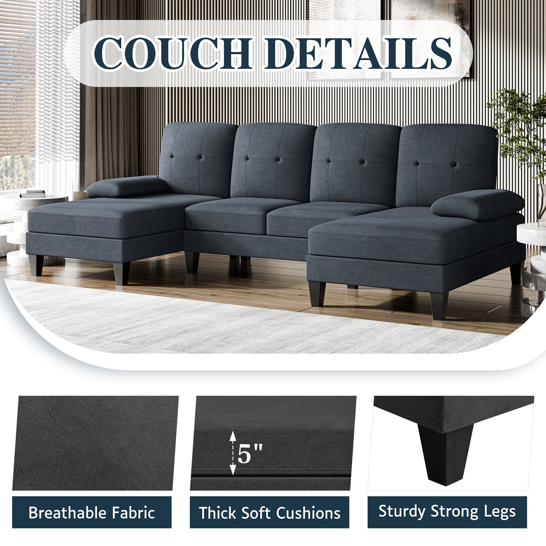 106" U-Shaped 4-Seat Modern Sectional Sofa with Double Chaises – Linen Upholstery
