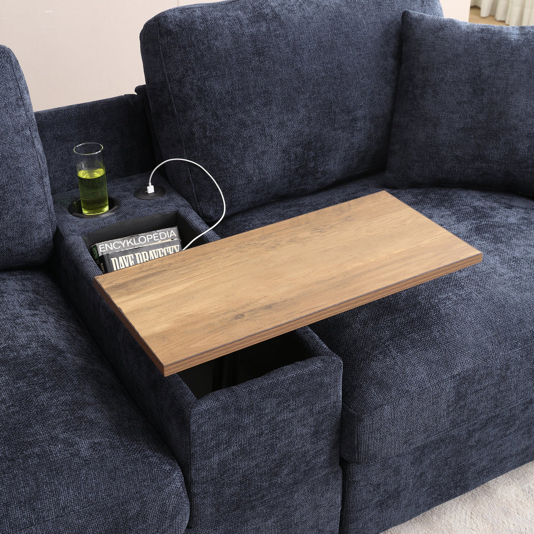 120.3" Dark Blue L-Shaped Sectional Sofa with Table, USB, Ottoman