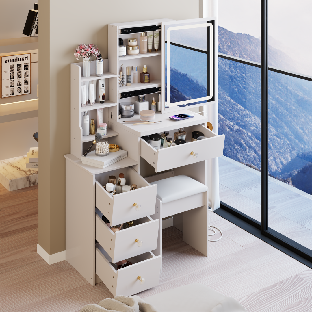 29.2" Compact White Vanity Table with LED Mirror, Charging Station, Stool
