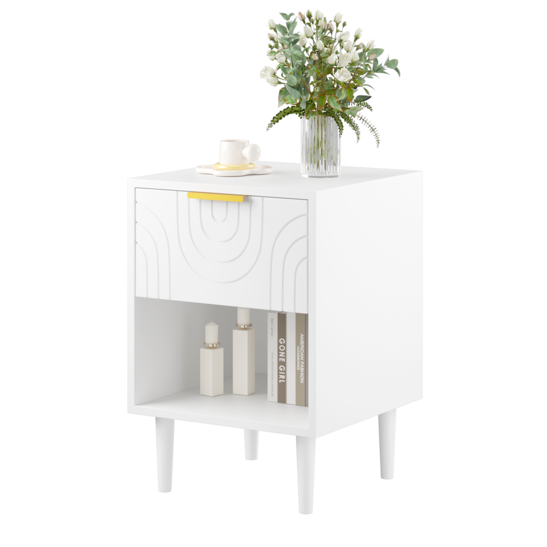 22.8" White Modern Nightstand with Drawer, Gold Accent