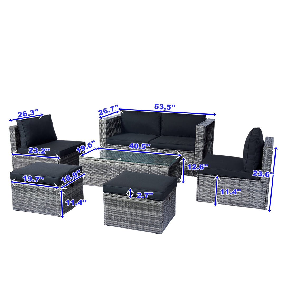 6-Piece Grey Wicker Patio Sectional Set with Black Cushions