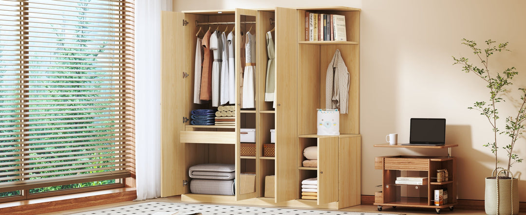 4-Door Natural Wood Wardrobe with Mirror, Shelves, Drawer