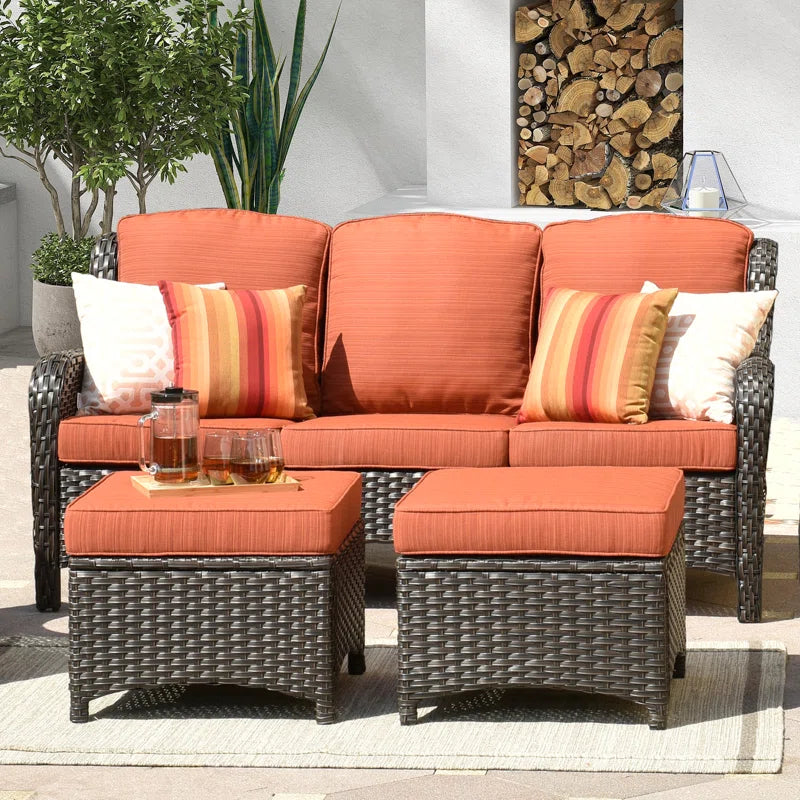 Peridot 72.83" Outdoor Patio Sofa – 3-Piece Wicker Conversation Seating with Washable Cushions
