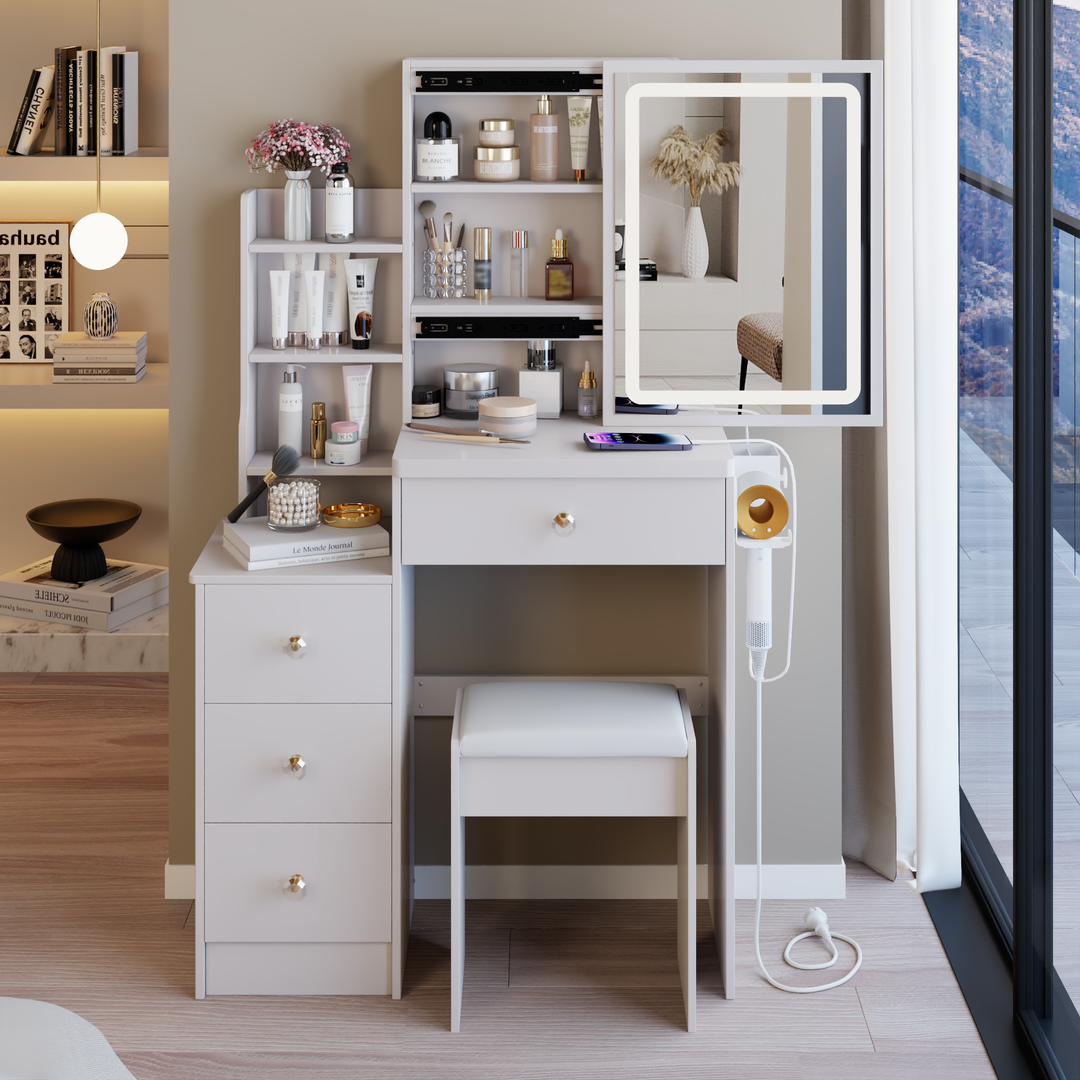29.2" Compact White Vanity Table with LED Mirror, Charging Station, Stool