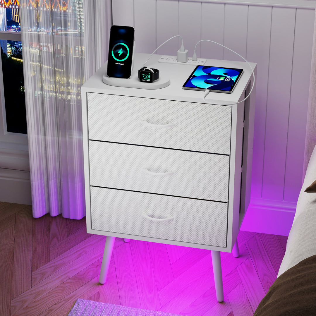 2-Pack Modern White Nightstands with Charging Station, LED Lights, Fabric Drawers