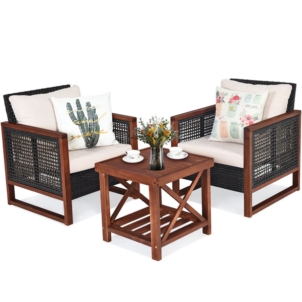 3-Piece Rattan Wicker & Acacia Wood Bistro Set with Cushions and Side Table