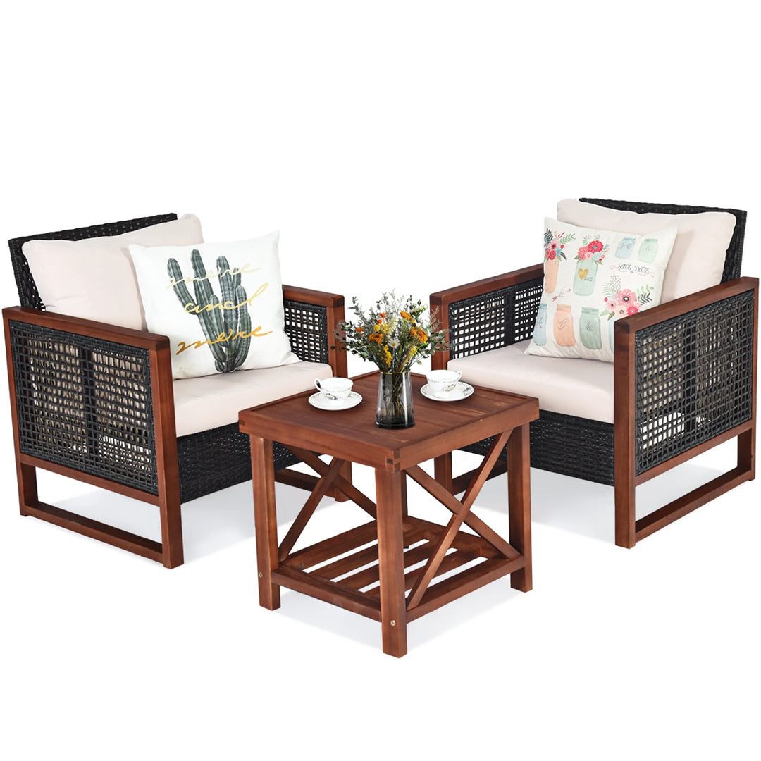3-Piece Rattan Wicker & Acacia Wood Bistro Set with Cushions and Side Table
