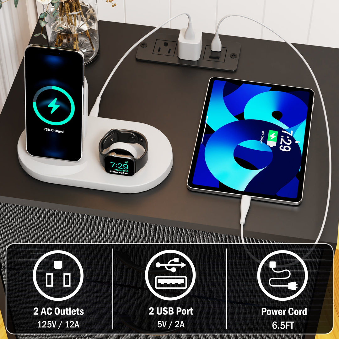 2-Pack Modern Black Nightstands with Charging Station, LED Lights, Fabric Drawers