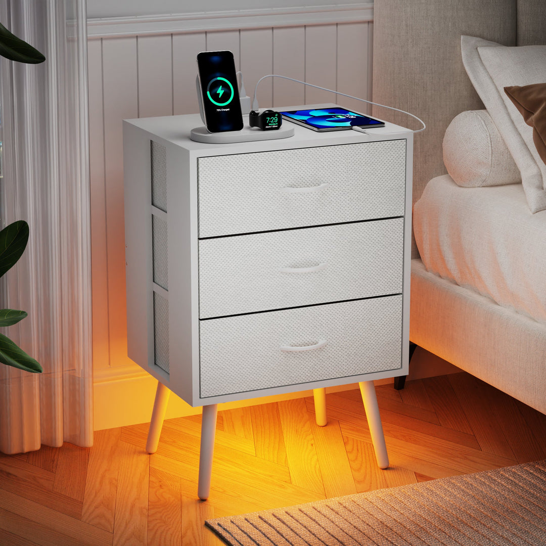 2-Pack Modern White Nightstands with Charging Station, LED Lights, Fabric Drawers