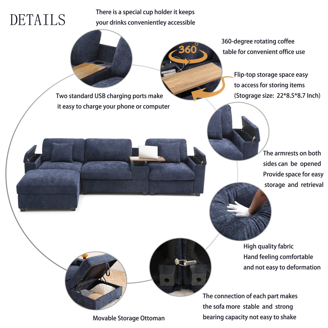 120.3" Dark Blue L-Shaped Sectional Sofa with Table, USB, Ottoman