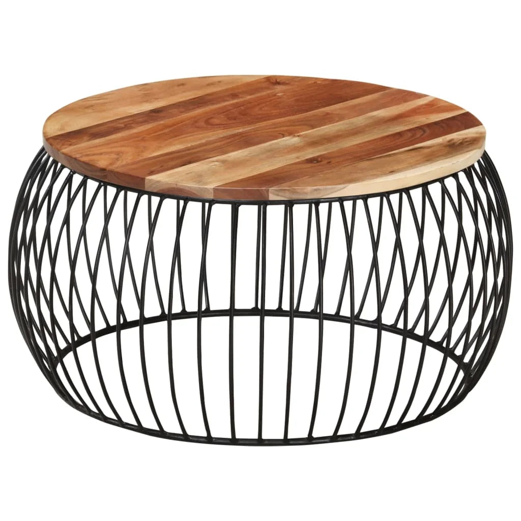 26.8" Round Acacia Wood Coffee Table – Natural Solid Wood with Iron Base
