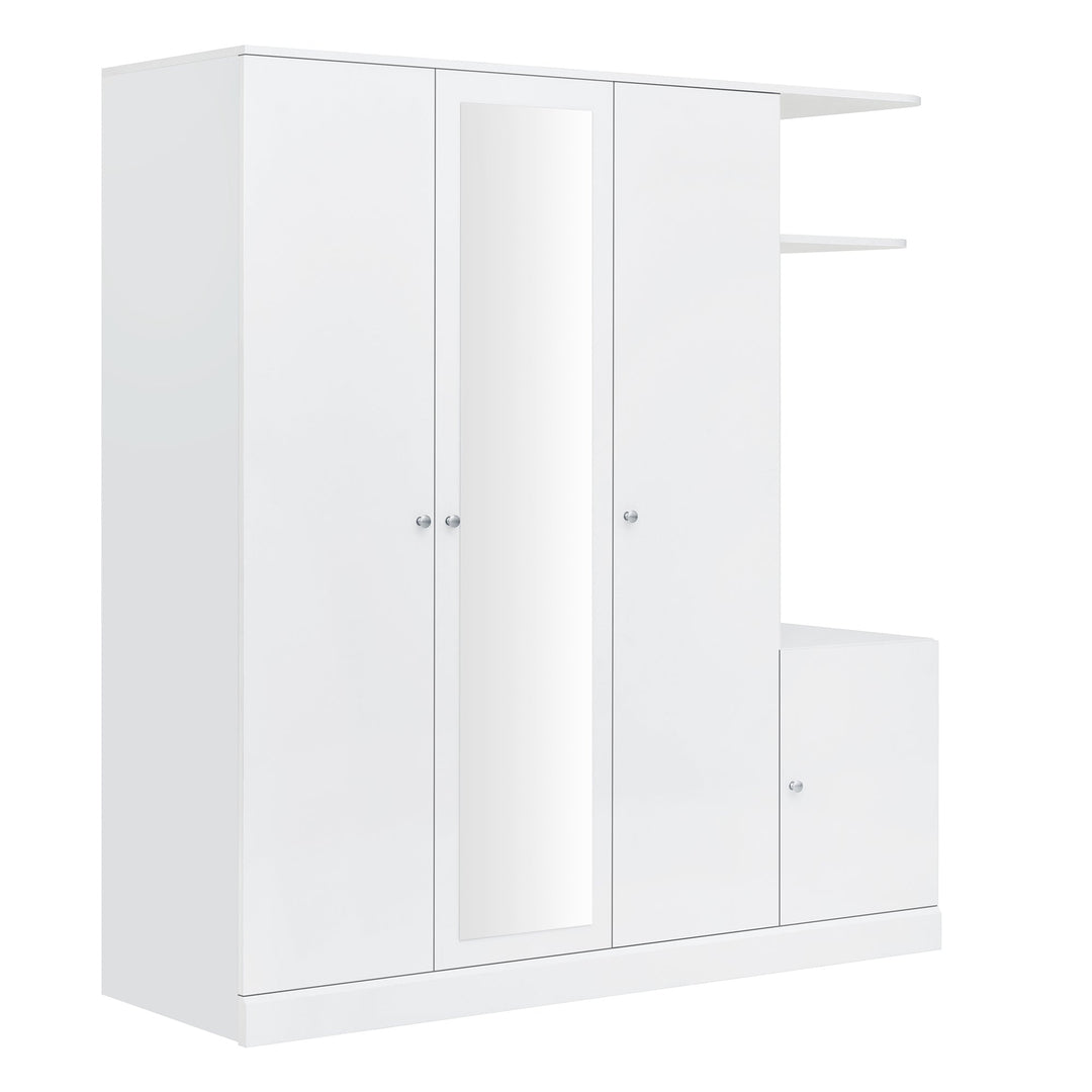 4-Door White Wardrobe with Mirror, Shelves, Drawer, Shoe Storage