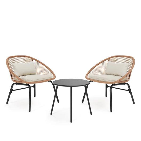 3-Piece Rattan Patio Bistro Set – Handwoven Chairs with Cushions & Round Coffee Table
