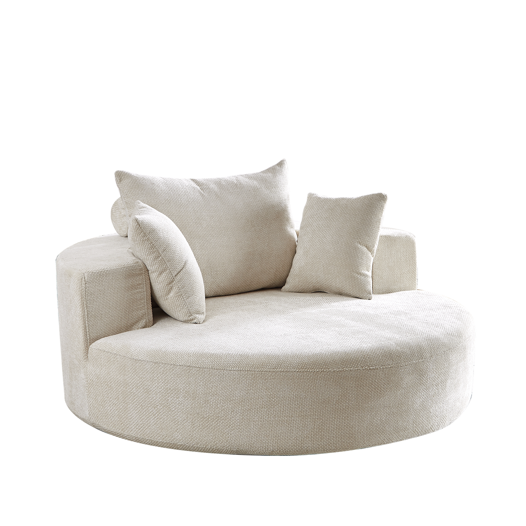55" Beige Chenille Swivel Chair with Neck Pillow