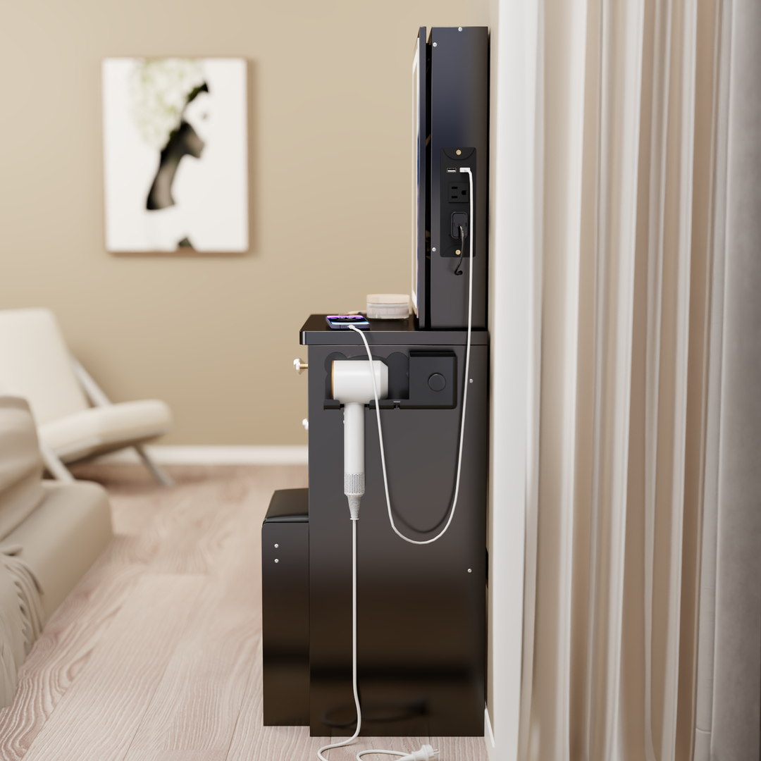 29.2" Compact Vanity Table with LED Mirror, Charging Station, Hair Dryer Holder, Stool