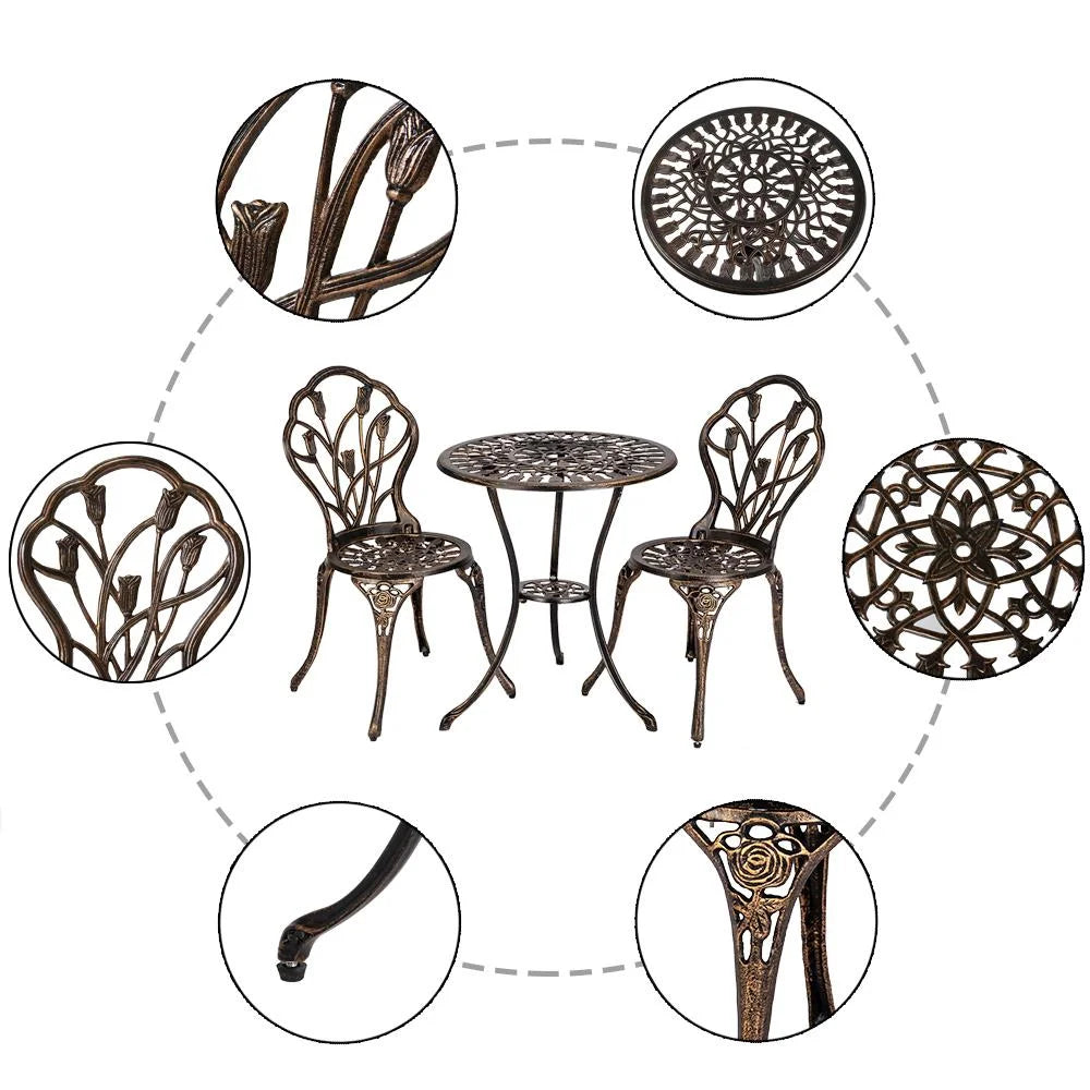 Tulip Cast Iron 3-Piece Patio Bistro Set – Bronze Outdoor Table & Chair Set